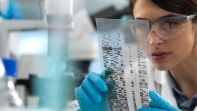 Female scientist viewing autoradiogram dna in laboratory 1148109609